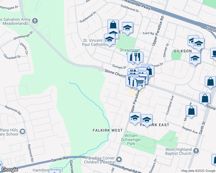 map of restaurants, bars, coffee shops, grocery stores, and more near 48 Edenvalley Place in Hamilton