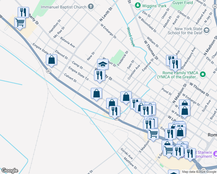 map of restaurants, bars, coffee shops, grocery stores, and more near 723 Camp Street in Rome
