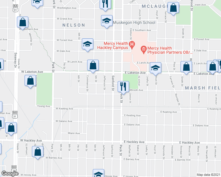 map of restaurants, bars, coffee shops, grocery stores, and more near 1895 Sanford Street in Muskegon