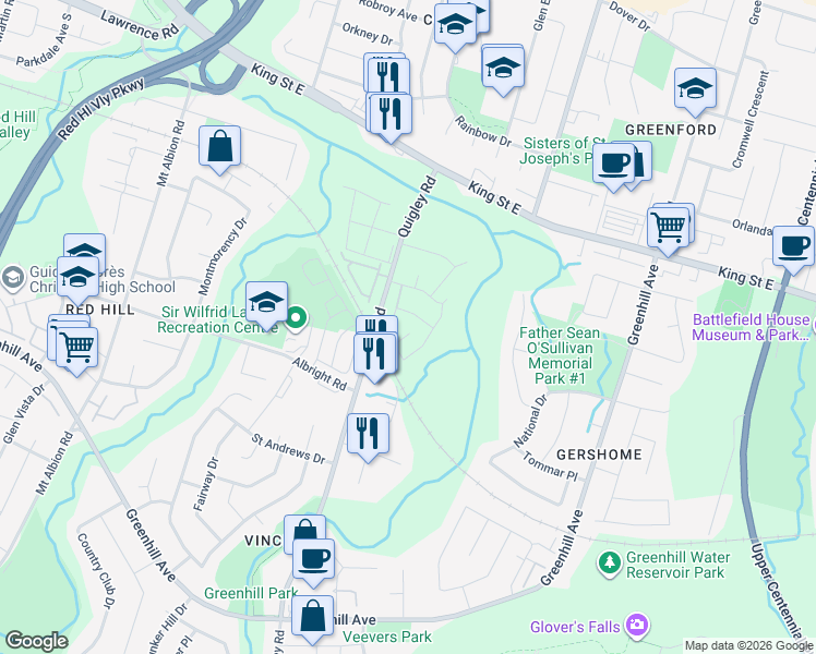 map of restaurants, bars, coffee shops, grocery stores, and more near 10 Angus Road in Hamilton
