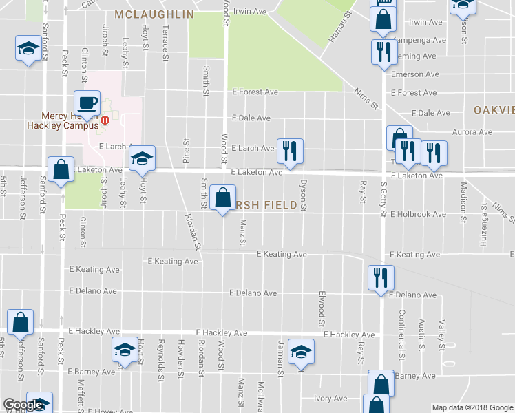 map of restaurants, bars, coffee shops, grocery stores, and more near 1885 Mc Ilwraith Street in Muskegon