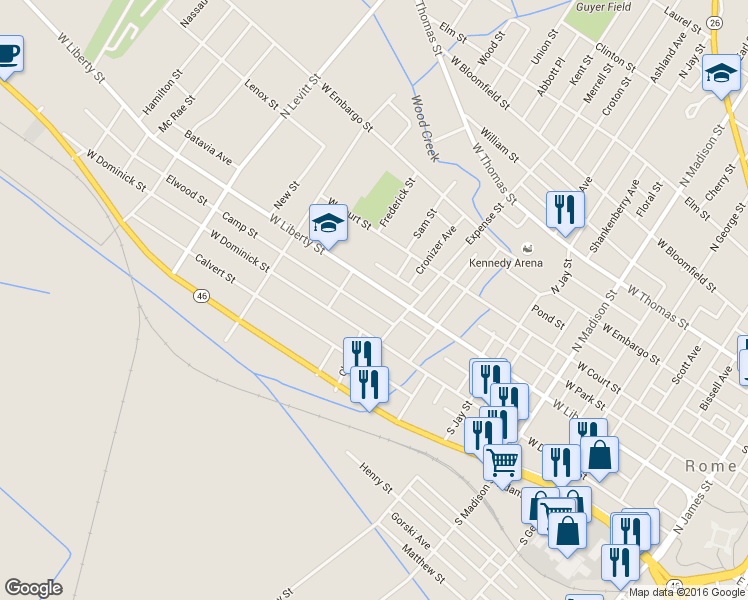 map of restaurants, bars, coffee shops, grocery stores, and more near 707 West Liberty Street in Rome
