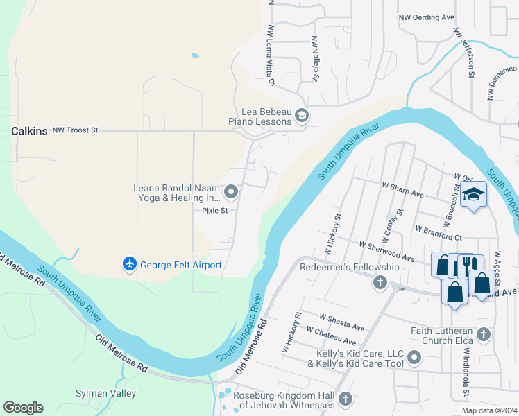 map of restaurants, bars, coffee shops, grocery stores, and more near 831 Charter Oaks Drive in Roseburg