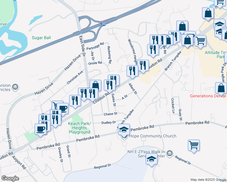 map of restaurants, bars, coffee shops, grocery stores, and more near 174 Loudon Road in Concord