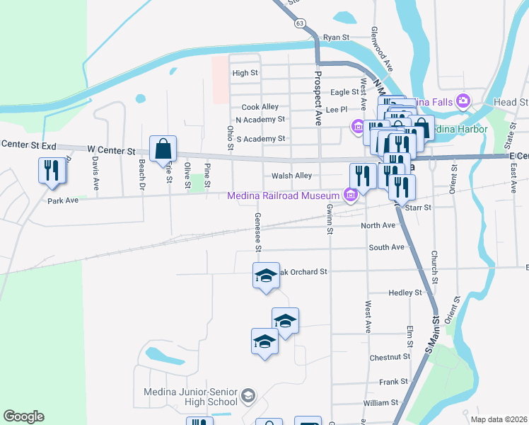 map of restaurants, bars, coffee shops, grocery stores, and more near 617 Genesee St in Medina