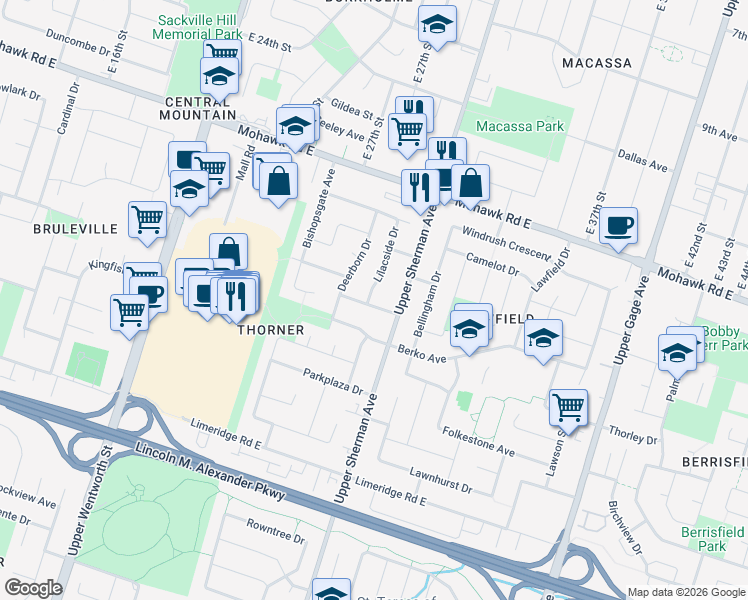 map of restaurants, bars, coffee shops, grocery stores, and more near 137 Lilacside Drive in Hamilton