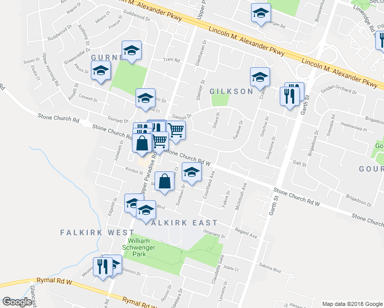 map of restaurants, bars, coffee shops, grocery stores, and more near 598 Stone Church Road West in Hamilton