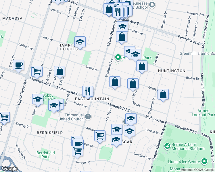 map of restaurants, bars, coffee shops, grocery stores, and more near 9 Endfield Avenue in Hamilton