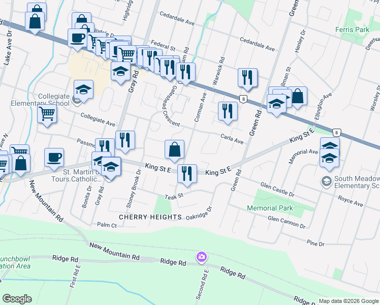 map of restaurants, bars, coffee shops, grocery stores, and more near 100 Corman Avenue in Hamilton