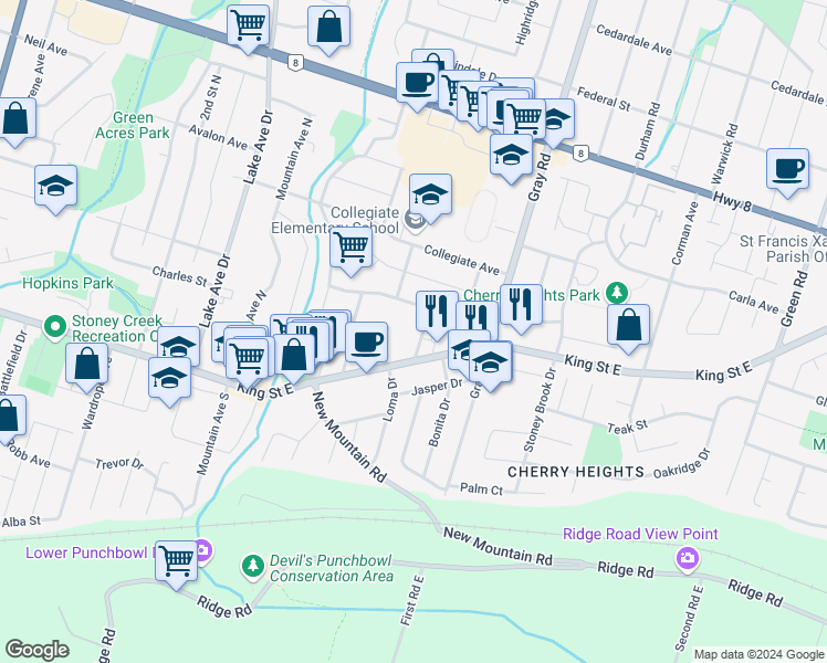 map of restaurants, bars, coffee shops, grocery stores, and more near 11 Dawson Avenue in Hamilton