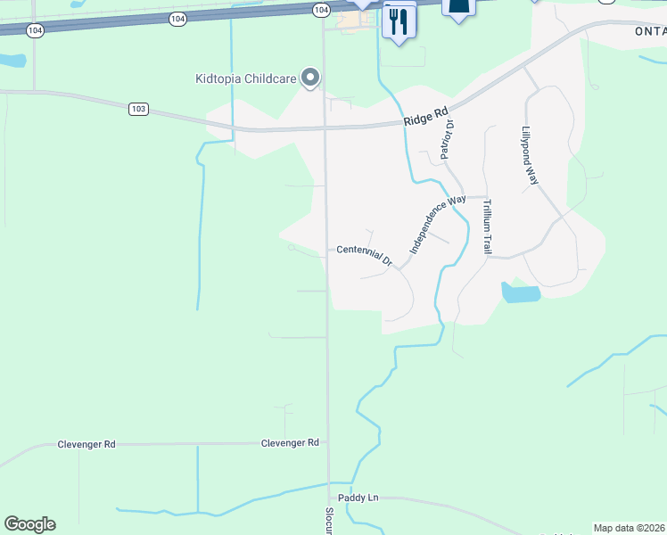 map of restaurants, bars, coffee shops, grocery stores, and more near 6032 Slocum Road in Ontario