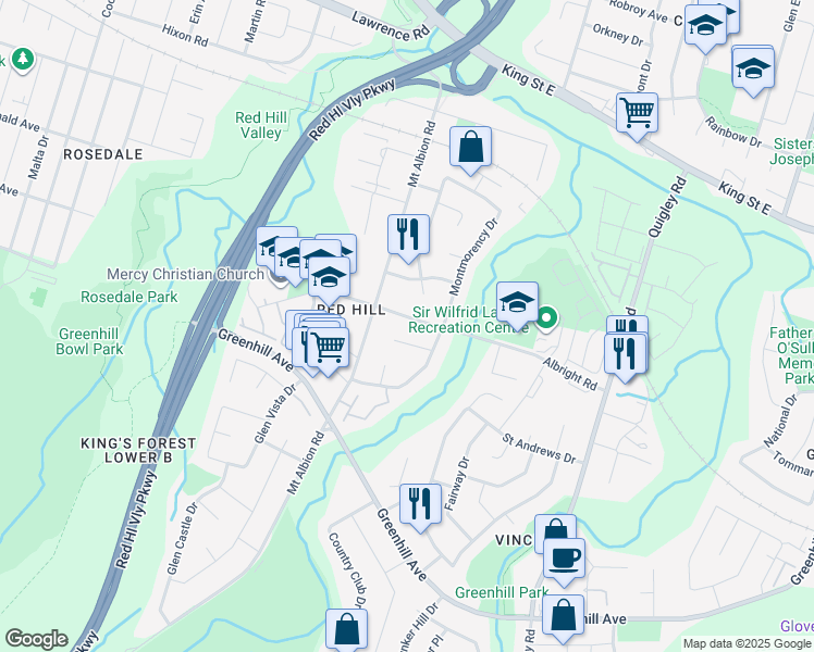 map of restaurants, bars, coffee shops, grocery stores, and more near 267 Albright Road in Hamilton