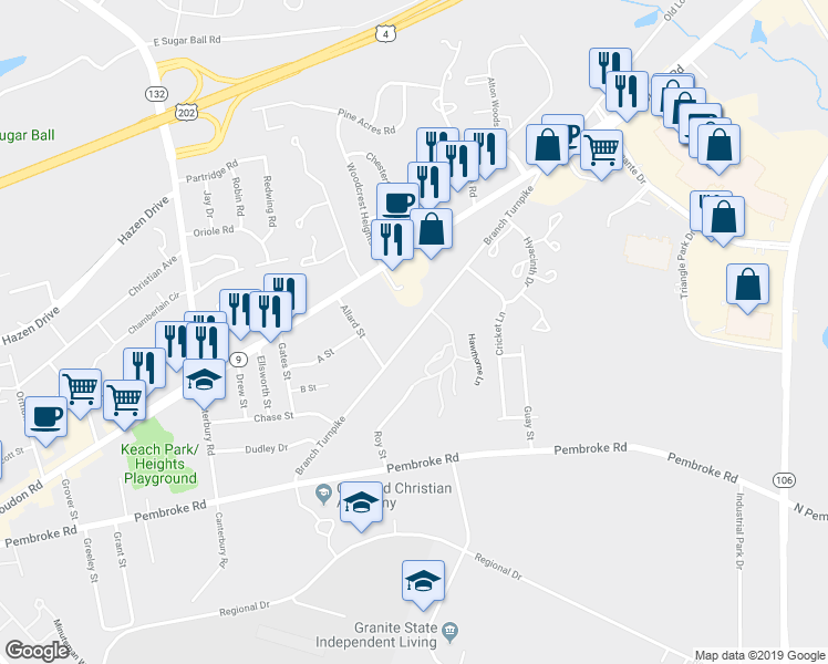 map of restaurants, bars, coffee shops, grocery stores, and more near 53 Branch Turnpike in Concord