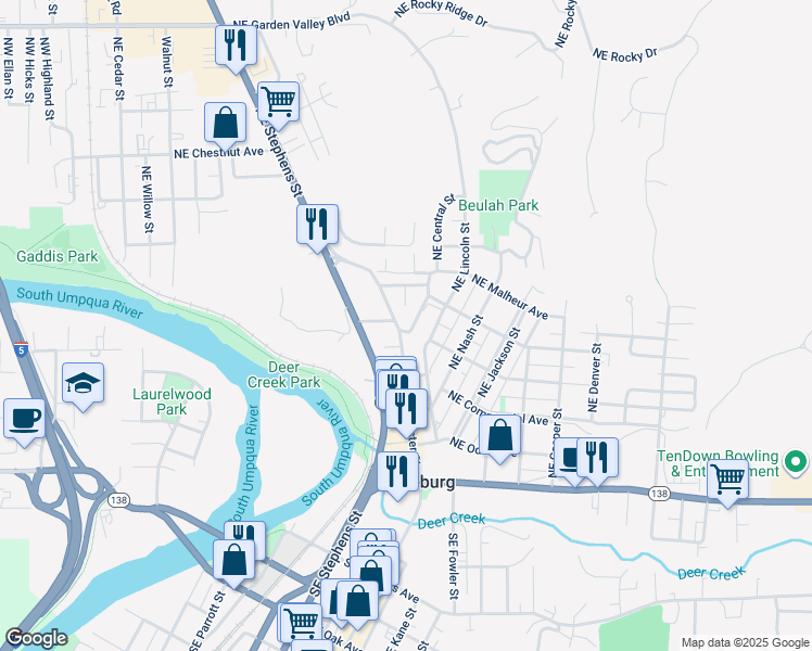 map of restaurants, bars, coffee shops, grocery stores, and more near 587 Northeast Winchester Street in Roseburg