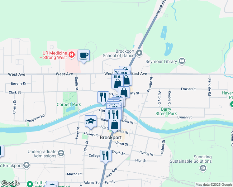 map of restaurants, bars, coffee shops, grocery stores, and more near 39 Main Street South in Brockport