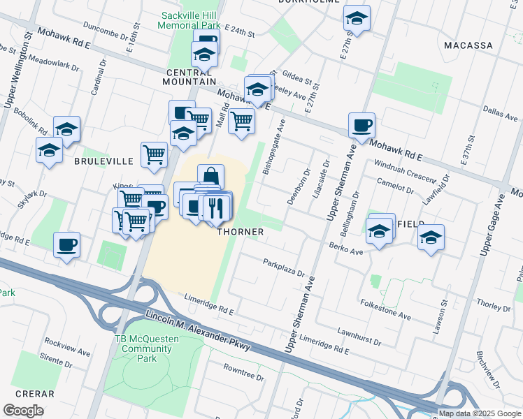 map of restaurants, bars, coffee shops, grocery stores, and more near 56 Newcastle Court in Hamilton
