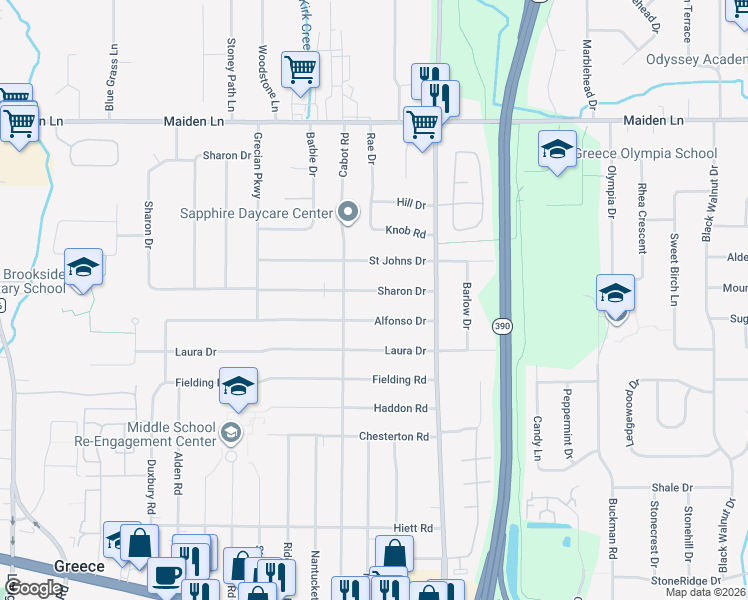 map of restaurants, bars, coffee shops, grocery stores, and more near 93 Sharon Dr in Rochester