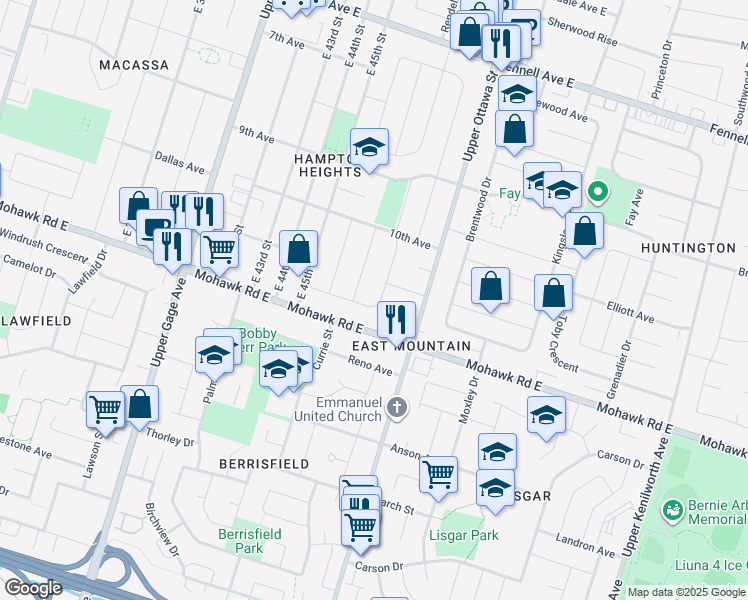 map of restaurants, bars, coffee shops, grocery stores, and more near 102 Winchester Boulevard in Hamilton