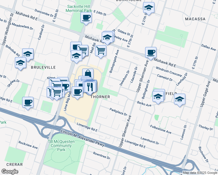 map of restaurants, bars, coffee shops, grocery stores, and more near 56 Newcastle Court in Hamilton