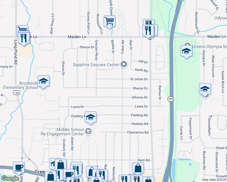map of restaurants, bars, coffee shops, grocery stores, and more near 203 Sharon Drive in Rochester