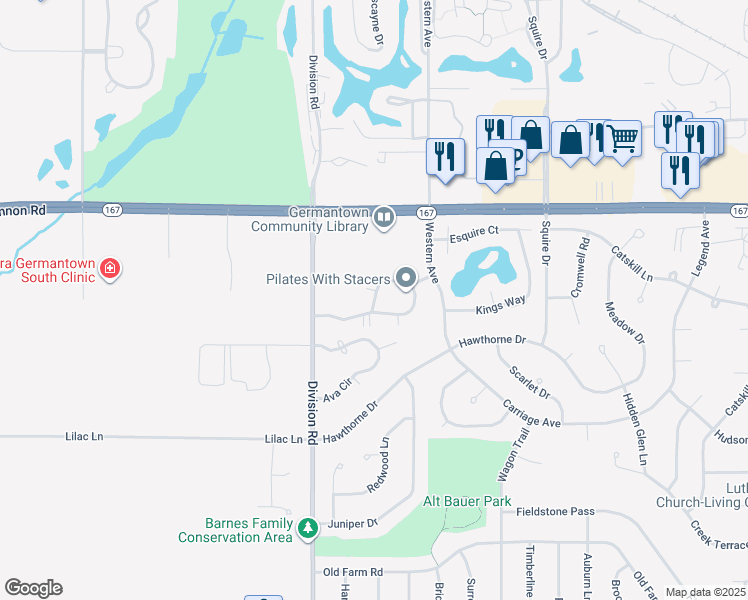 map of restaurants, bars, coffee shops, grocery stores, and more near Ashbury Lane in Germantown