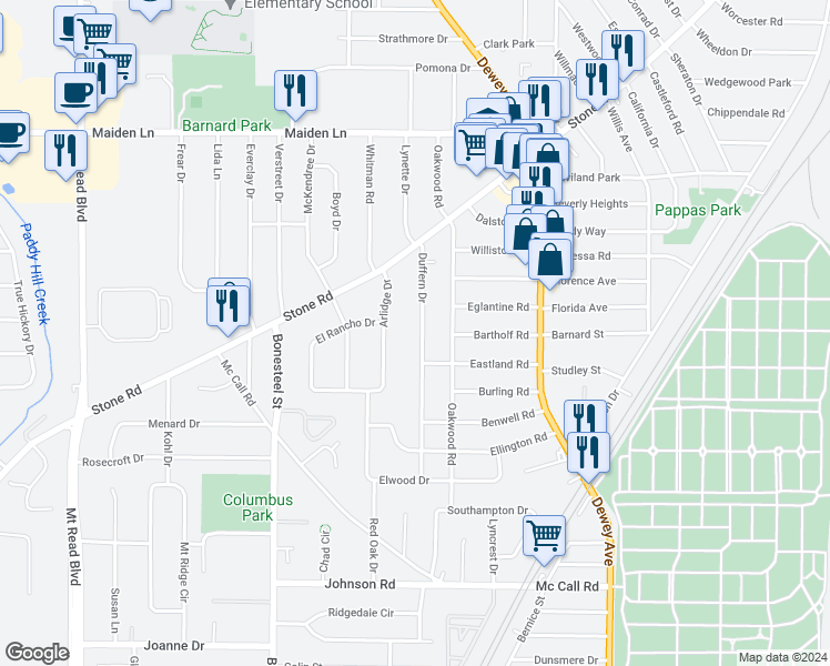 map of restaurants, bars, coffee shops, grocery stores, and more near 124 Duffern Drive in Rochester