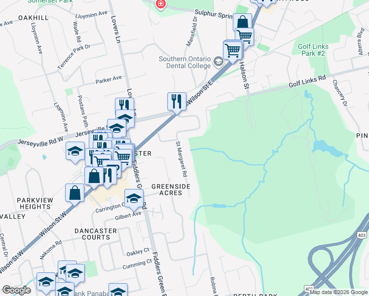 map of restaurants, bars, coffee shops, grocery stores, and more near 67 Saint Margaret Road in Hamilton