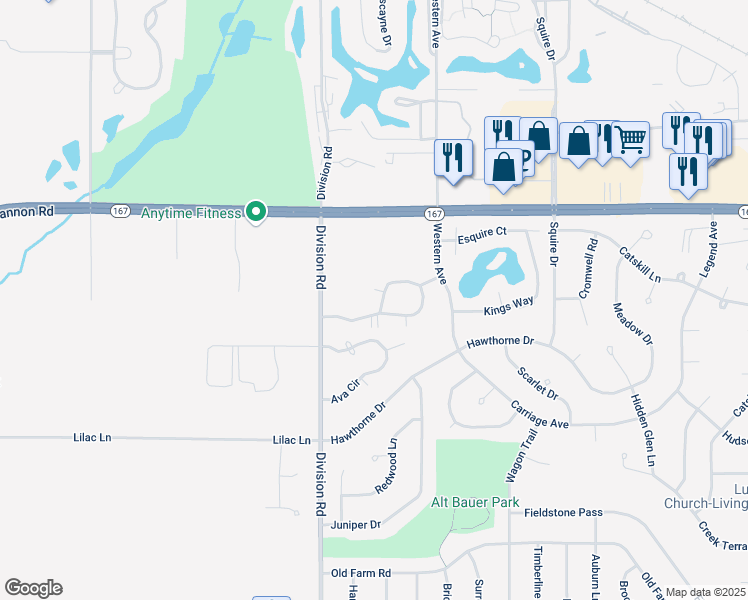 map of restaurants, bars, coffee shops, grocery stores, and more near W169N11053 Ashbury Lane in Germantown