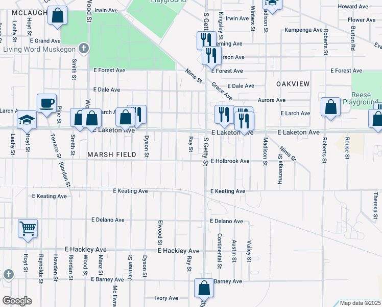 map of restaurants, bars, coffee shops, grocery stores, and more near 1875 Ray Street in Muskegon