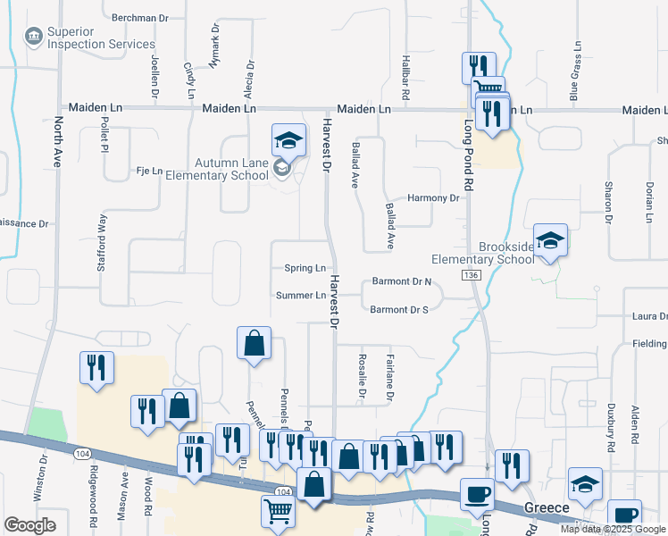 map of restaurants, bars, coffee shops, grocery stores, and more near 14 Spring Lane in Rochester