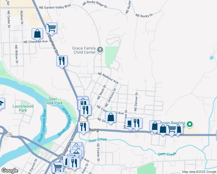 map of restaurants, bars, coffee shops, grocery stores, and more near 1330 Northeast Klamath Avenue in Roseburg