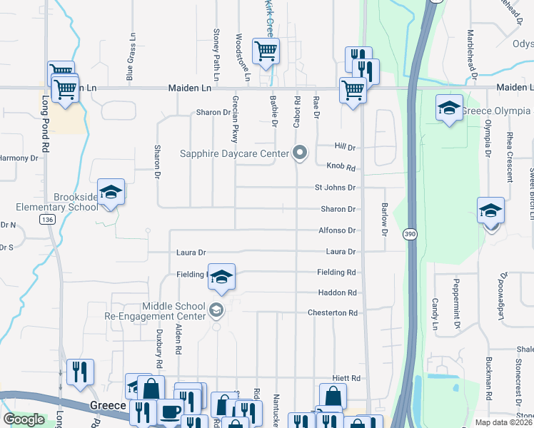 map of restaurants, bars, coffee shops, grocery stores, and more near 203 Sharon Drive in Rochester