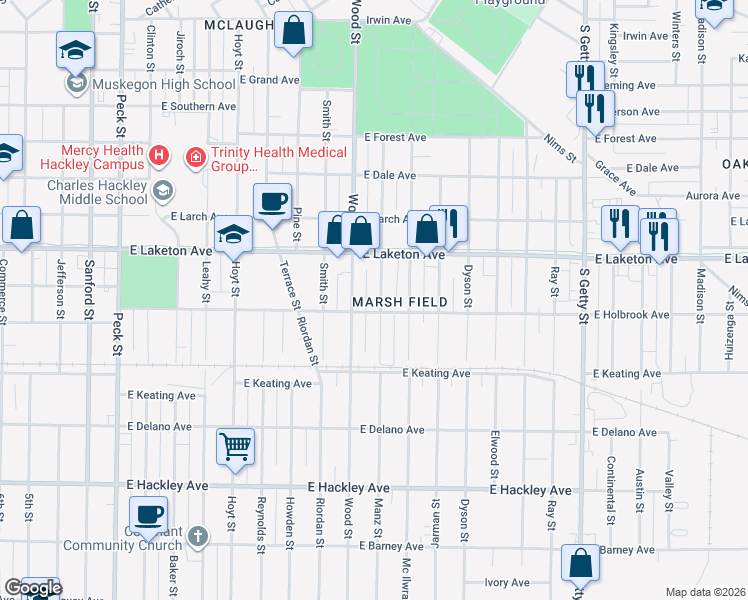 map of restaurants, bars, coffee shops, grocery stores, and more near 1885 Manz Street in Muskegon