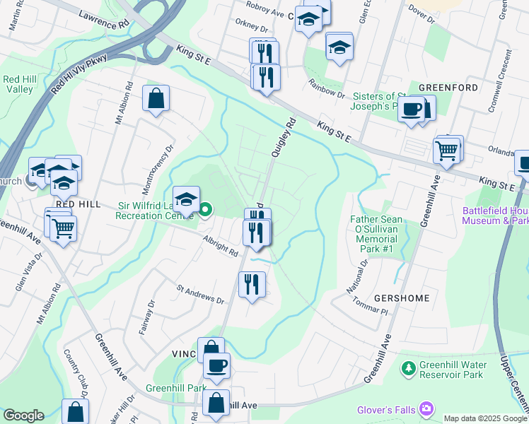 map of restaurants, bars, coffee shops, grocery stores, and more near 18 Quigley Road in Hamilton