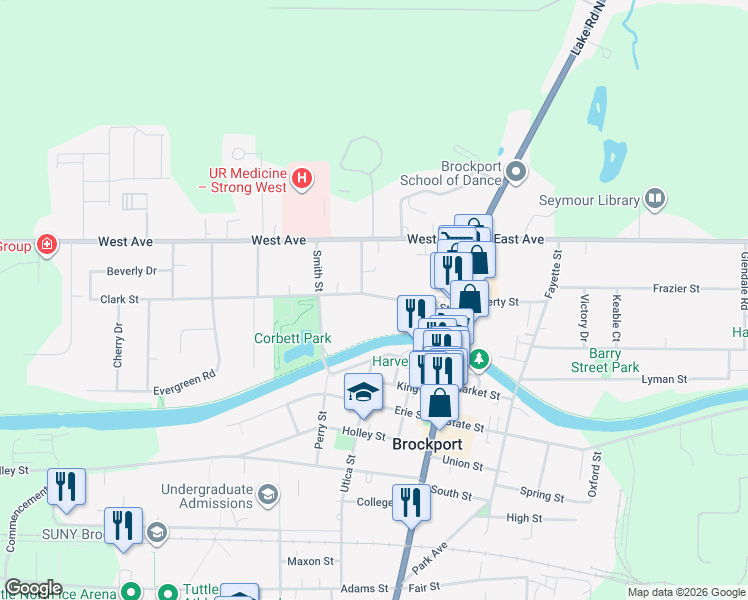 map of restaurants, bars, coffee shops, grocery stores, and more near 75 Clark Street in Brockport