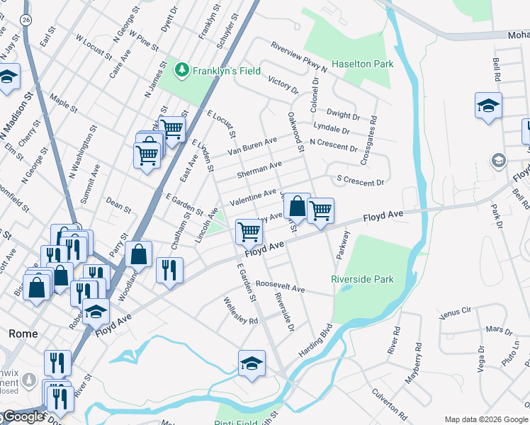 map of restaurants, bars, coffee shops, grocery stores, and more near 903 Mc Kinley Avenue in Rome