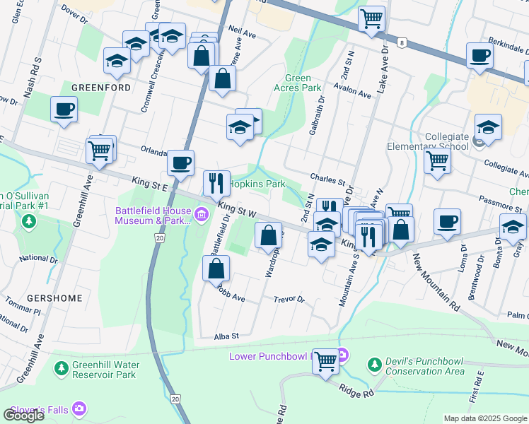 map of restaurants, bars, coffee shops, grocery stores, and more near 42 King Street West in Hamilton
