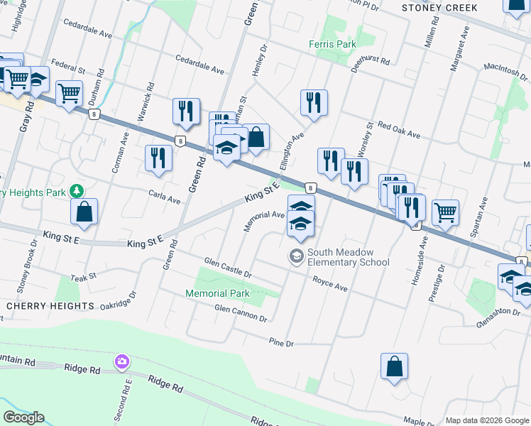 map of restaurants, bars, coffee shops, grocery stores, and more near 167 Memorial Avenue in Hamilton