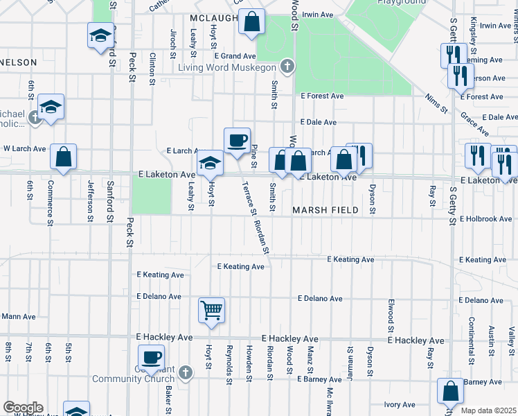 map of restaurants, bars, coffee shops, grocery stores, and more near 316 East Holbrook Avenue in Muskegon