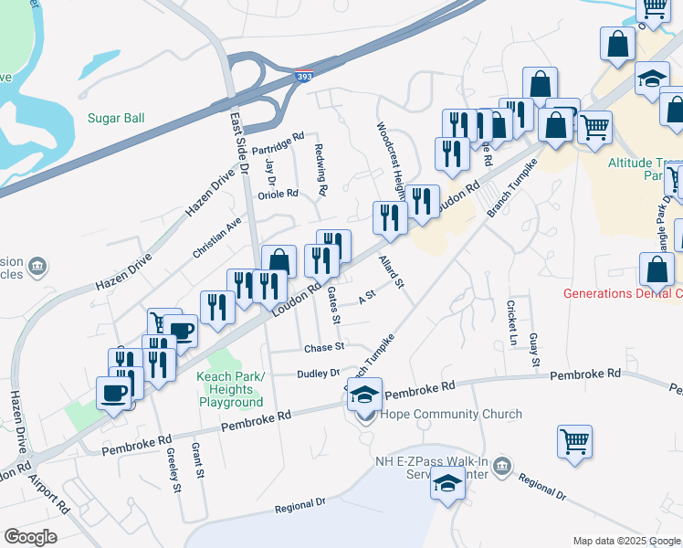 map of restaurants, bars, coffee shops, grocery stores, and more near 174 Loudon Road in Concord