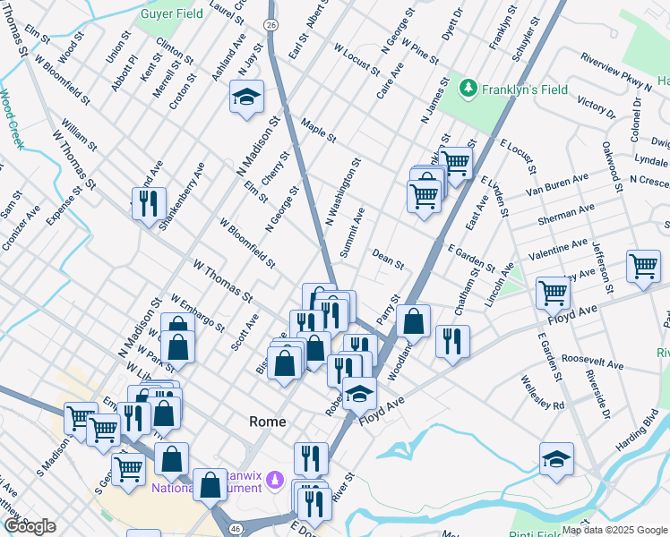 map of restaurants, bars, coffee shops, grocery stores, and more near 127 Turin Street in Rome