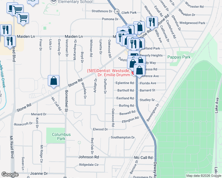 map of restaurants, bars, coffee shops, grocery stores, and more near 111 Bartholf Road in Rochester