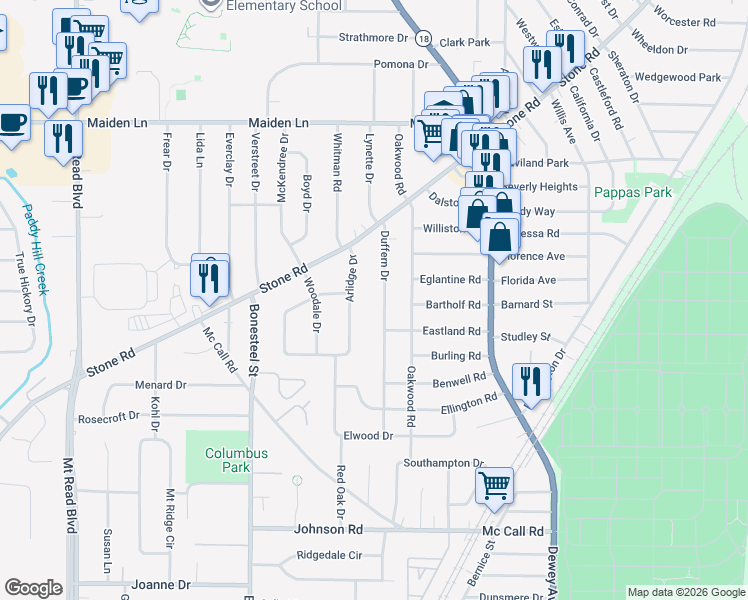 map of restaurants, bars, coffee shops, grocery stores, and more near 124 Duffern Drive in Rochester