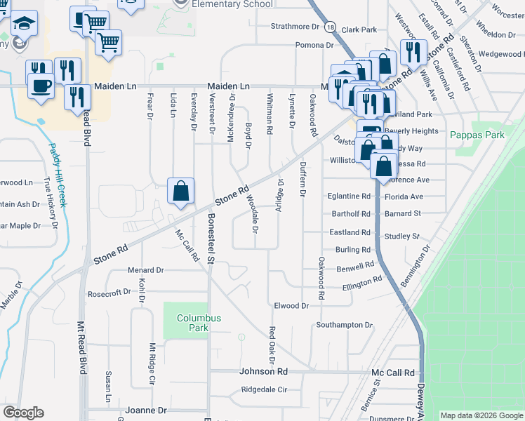 map of restaurants, bars, coffee shops, grocery stores, and more near 20 Woodale Drive in Rochester