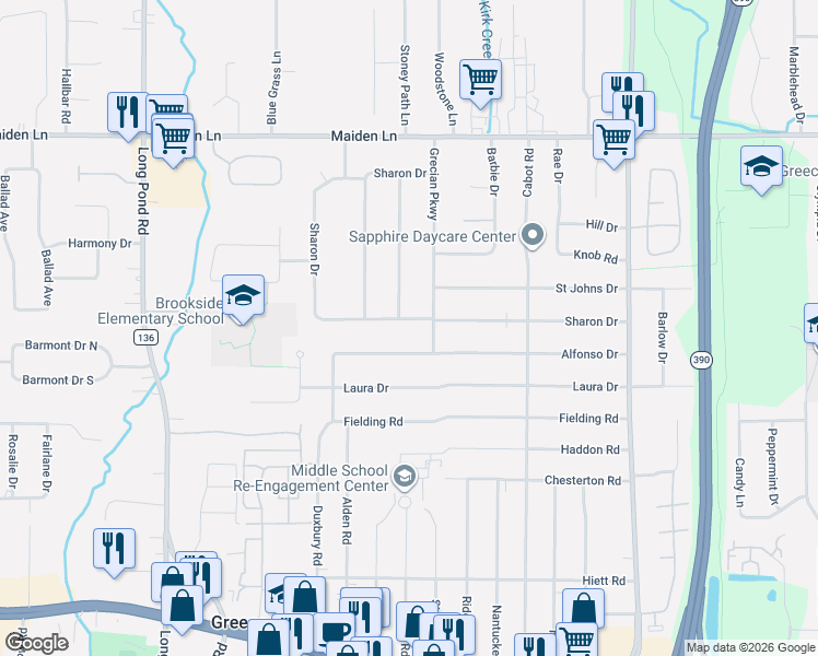 map of restaurants, bars, coffee shops, grocery stores, and more near 293 Sharon Drive in Rochester
