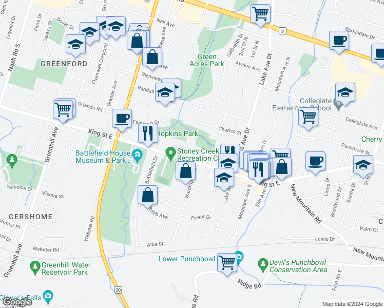 map of restaurants, bars, coffee shops, grocery stores, and more near 32 King Street West in Hamilton