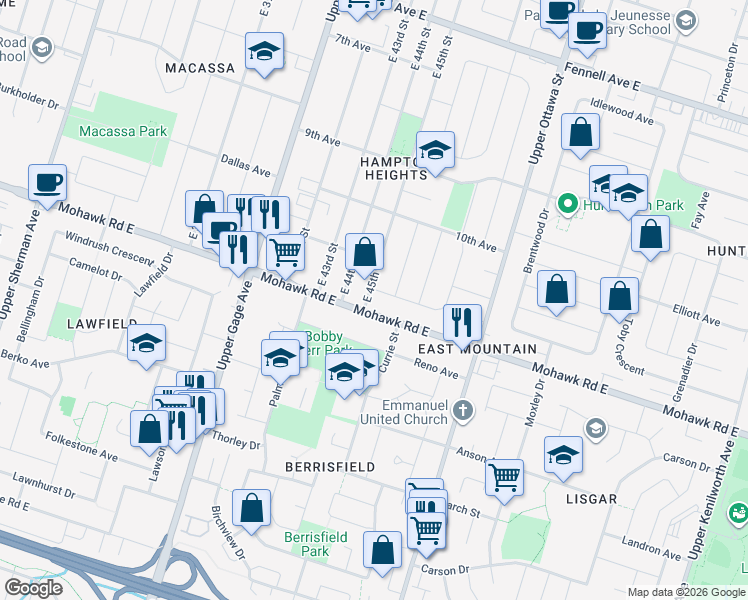 map of restaurants, bars, coffee shops, grocery stores, and more near 325 East 45th Street in Hamilton