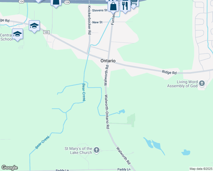 map of restaurants, bars, coffee shops, grocery stores, and more near 6028 Walworth Road in Ontario