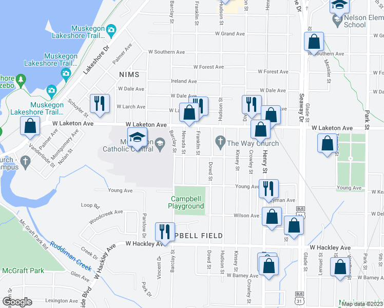 map of restaurants, bars, coffee shops, grocery stores, and more near 1046 Windsor Avenue in Muskegon