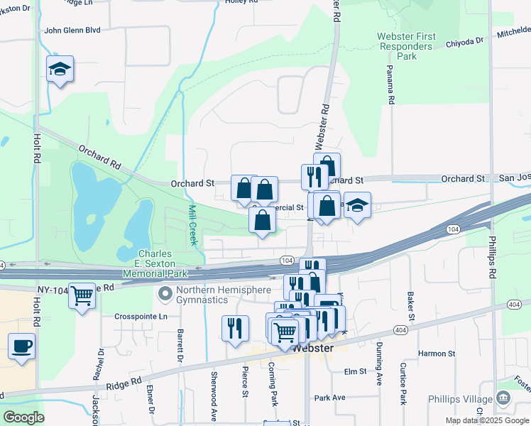 map of restaurants, bars, coffee shops, grocery stores, and more near 50 Commercial Street in Webster